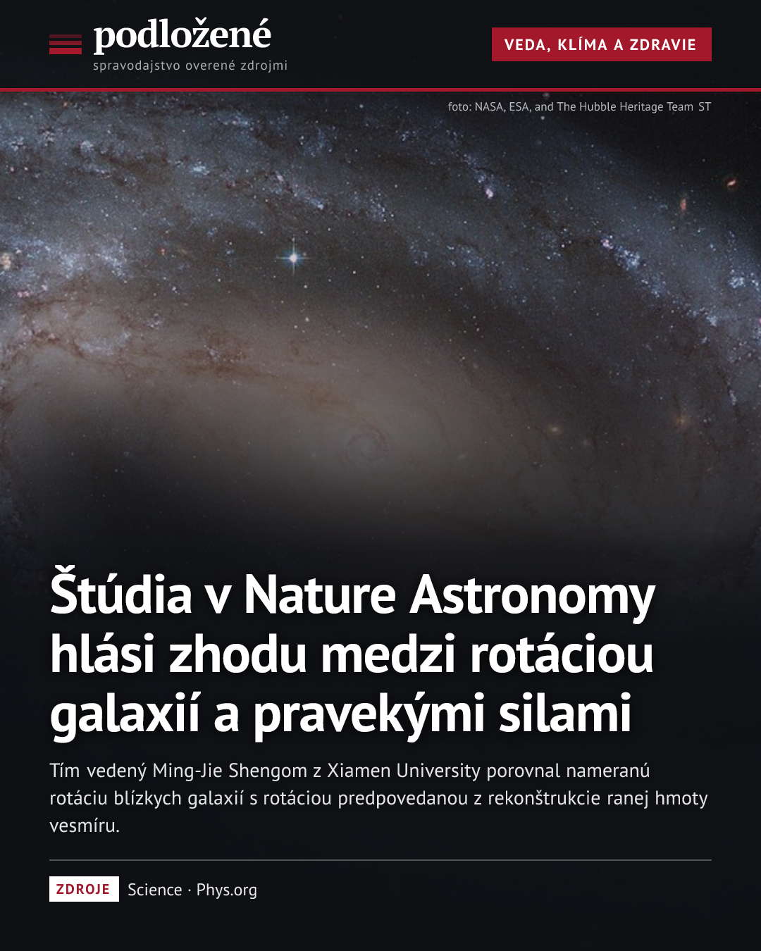 Štúdia v Nature Astronomy hlási zhodu medzi rotáciou galaxií a pravekými silami